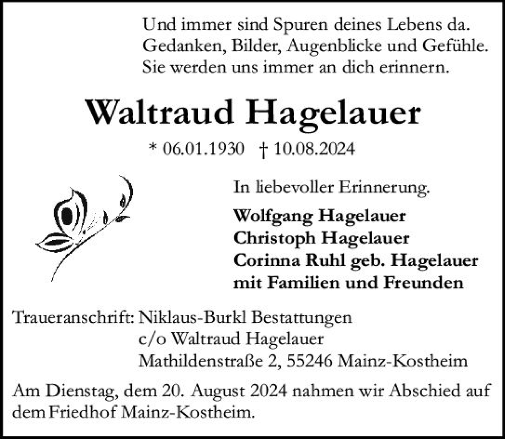  Traueranzeige für Waltraud Hagelauer vom 24.08.2024 aus Allgemeine Zeitung Mainz