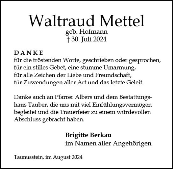 Traueranzeige von Waltraud Mettel von Idsteiner Land/Untertaunus