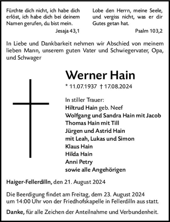 Traueranzeige von Werner Hain von Dill Block