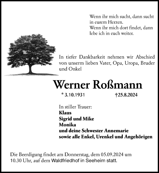 Traueranzeige von Werner Roßmann von Darmstädter Echo