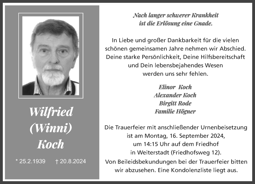  Traueranzeige für Wilfried Koch vom 31.08.2024 aus Darmstädter Echo