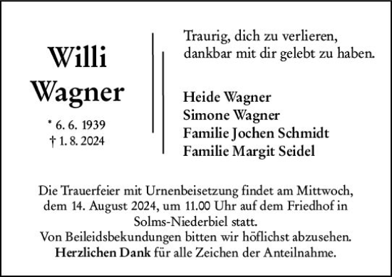 Traueranzeige von Willi Wagner von Wetzlarer Neue Zeitung