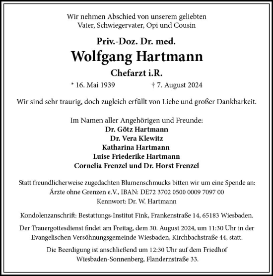 Traueranzeige von Wolfgang Hartmann von Wiesbadener Kurier