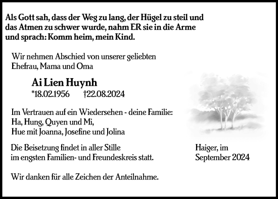 Traueranzeige von Ai Lien Huynh von Dill Block