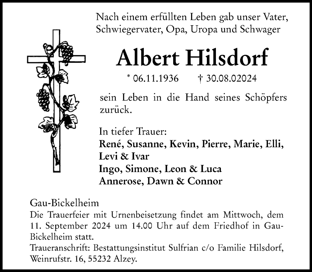  Traueranzeige für Albert Hilsdorf vom 07.09.2024 aus Allgemeine Zeitung Alzey