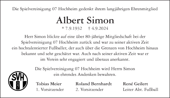 Traueranzeige von Albert Simon von Hochheimer Zeitung