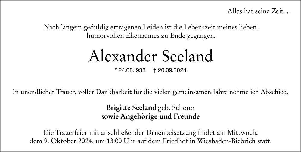  Traueranzeige für Alexander Seeland vom 28.09.2024 aus Wiesbadener Kurier