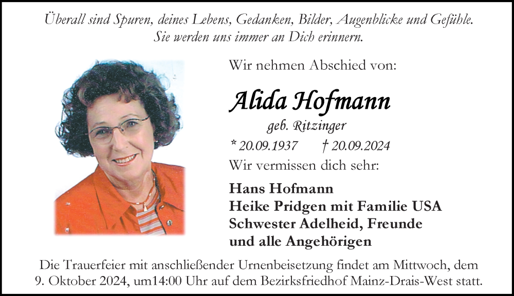  Traueranzeige für Alida Hofmann vom 28.09.2024 aus Allgemeine Zeitung Mainz
