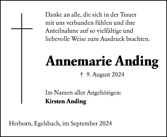 Traueranzeige von Annemarie Anding von Dill Block