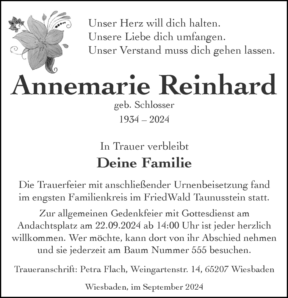 Traueranzeige für Annemarie Reinhard vom 14.09.2024 aus Wiesbadener Kurier