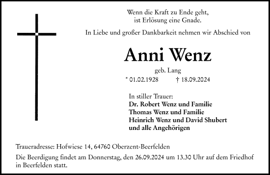 Traueranzeige von Anni Wenz von Odenwälder Echo