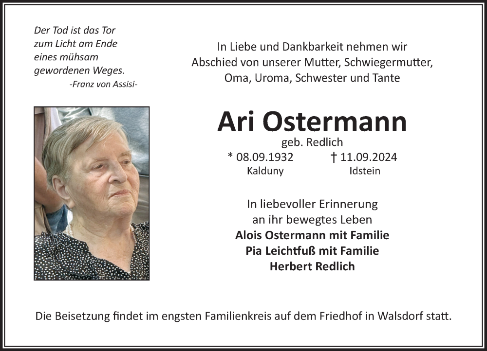  Traueranzeige für Ari Ostermann vom 26.09.2024 aus Camberger Anzeiger