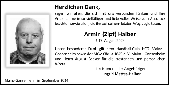 Traueranzeige von Armin Haiber von Allgemeine Zeitung Mainz