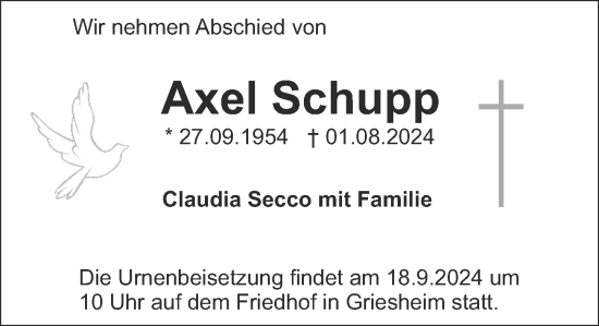 Traueranzeige von Axel Schupp von Darmstädter Echo