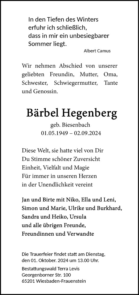 Traueranzeige von Bärbel Hegenberg von Wiesbadener Kurier