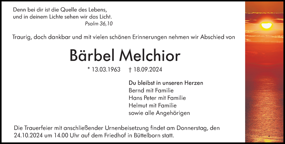  Traueranzeige für Bärbel Melchior vom 28.09.2024 aus Rüsselsheimer Echo