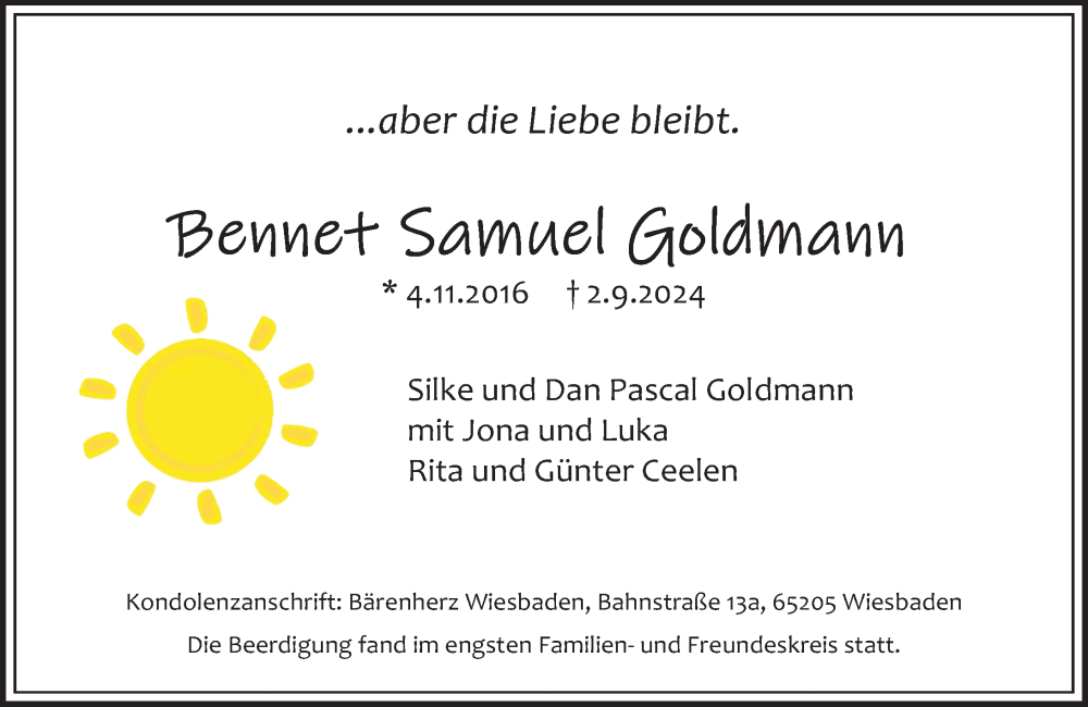  Traueranzeige für Bennet Samuel Goldmann vom 07.09.2024 aus Wiesbadener Kurier
