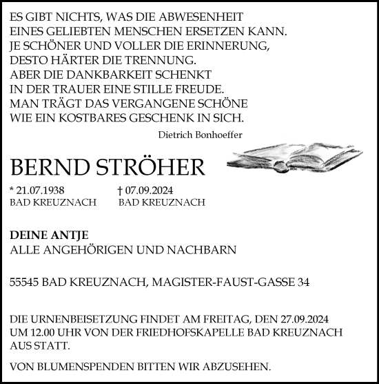 Traueranzeige von Bernd Ströher von Allgemeine Zeitung Rheinhessen-Nahe