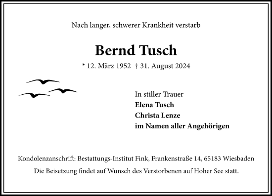 Traueranzeige von Bernd Tusch von Wiesbadener Kurier