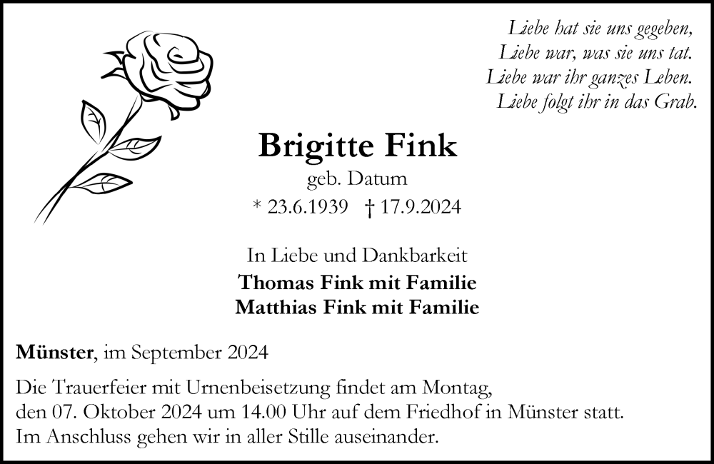  Traueranzeige für Brigitte Fink vom 28.09.2024 aus Weilburger Tageblatt