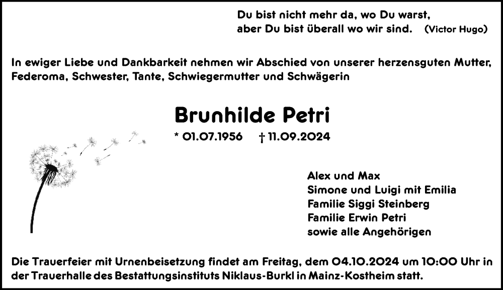  Traueranzeige für Brunhilde Petri vom 28.09.2024 aus Allgemeine Zeitung Mainz