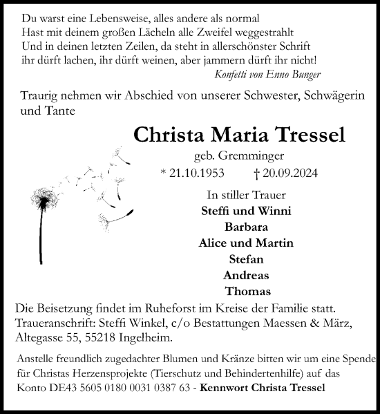 Traueranzeige von Christa Maria Tressel von Allgemeine Zeitung Rheinhessen-Nahe