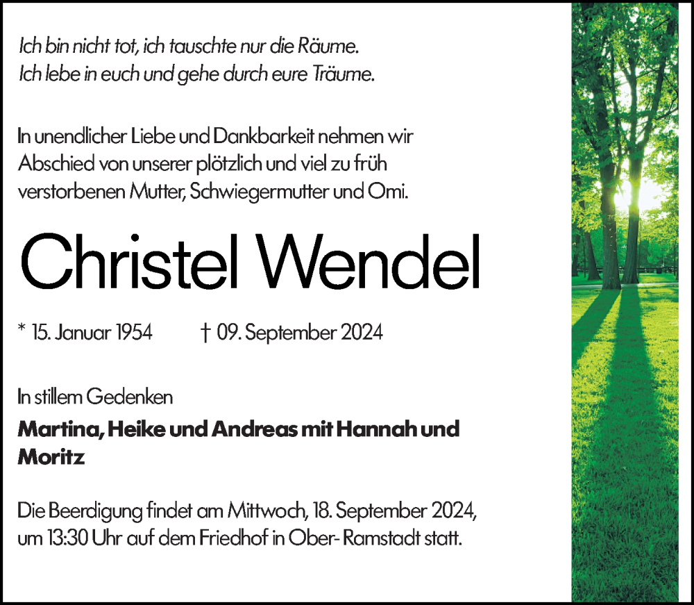  Traueranzeige für Christel Wendel vom 12.09.2024 aus Darmstädter Echo