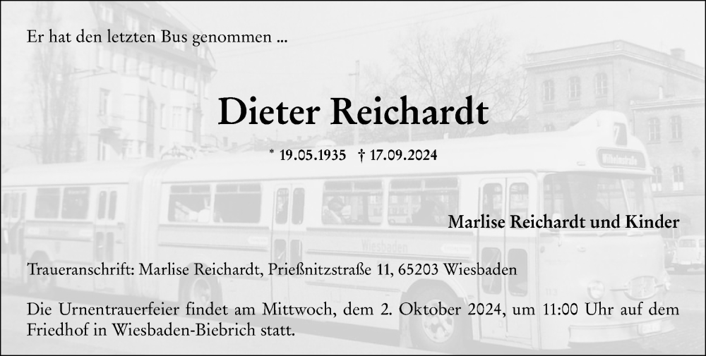  Traueranzeige für Dieter Reichardt vom 21.09.2024 aus Wiesbadener Kurier