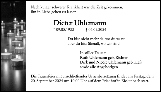 Traueranzeige von Dieter Uhlemann von Darmstädter Echo