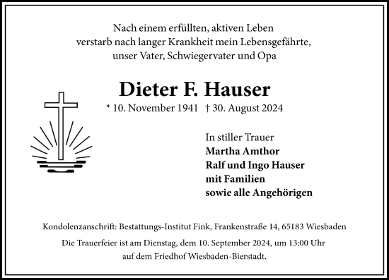 Traueranzeige von Dieter F. Hauser von Wiesbadener Kurier