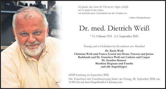 Traueranzeige von Dietrich Weiß von Weilburger Tageblatt