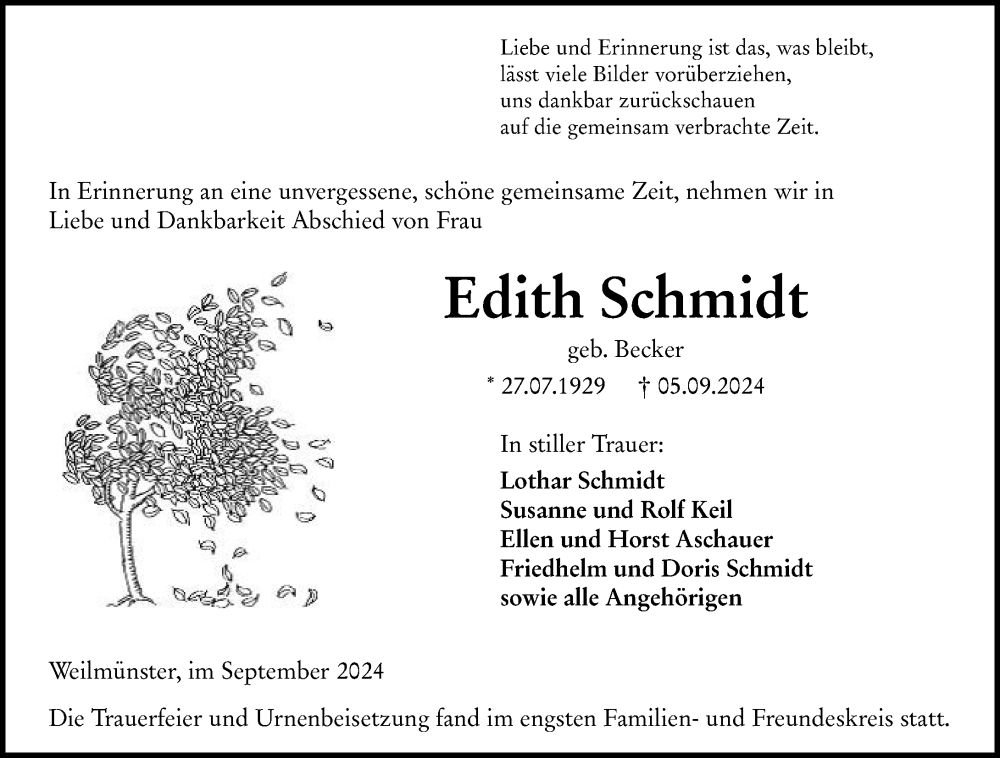  Traueranzeige für Edith Schmidt vom 28.09.2024 aus Weilburger Tageblatt