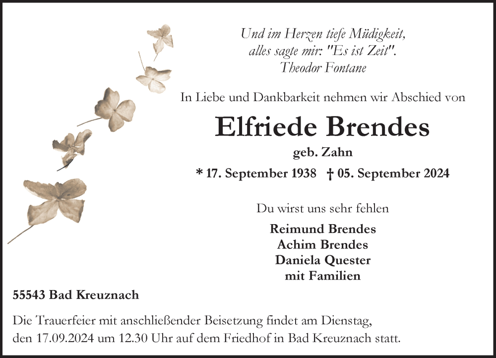  Traueranzeige für Elfriede Brendes vom 14.09.2024 aus Allgemeine Zeitung Rheinhessen-Nahe