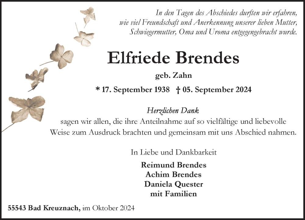  Traueranzeige für Elfriede Brendes vom 28.09.2024 aus Allgemeine Zeitung Rheinhessen-Nahe