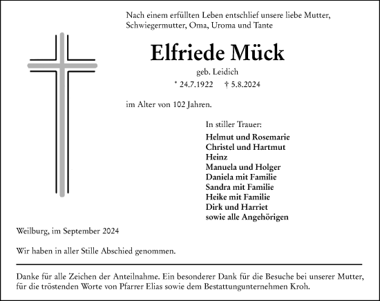 Traueranzeige von Elfriede Mück von Weilburger Tageblatt