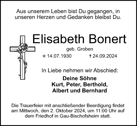 Traueranzeige von Elisabeth Bonert von Allgemeine Zeitung Mainz