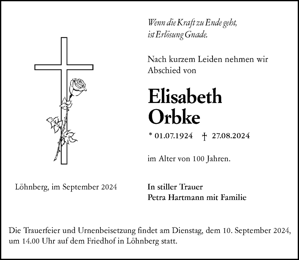  Traueranzeige für Elisabeth Orbke vom 05.09.2024 aus Weilburger Tageblatt