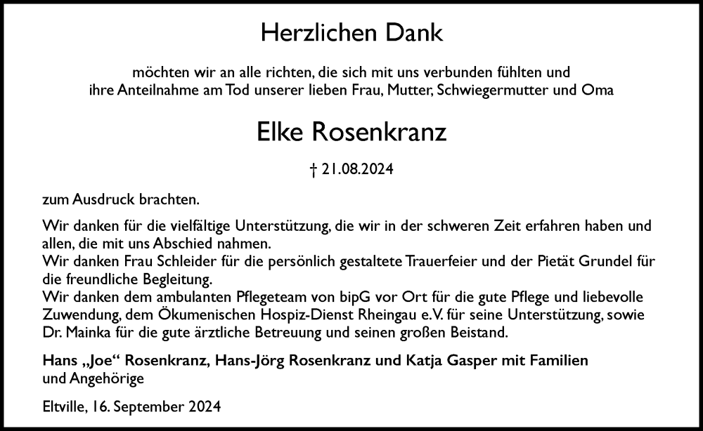  Traueranzeige für Elke Rosenkranz vom 21.09.2024 aus Wiesbadener Kurier