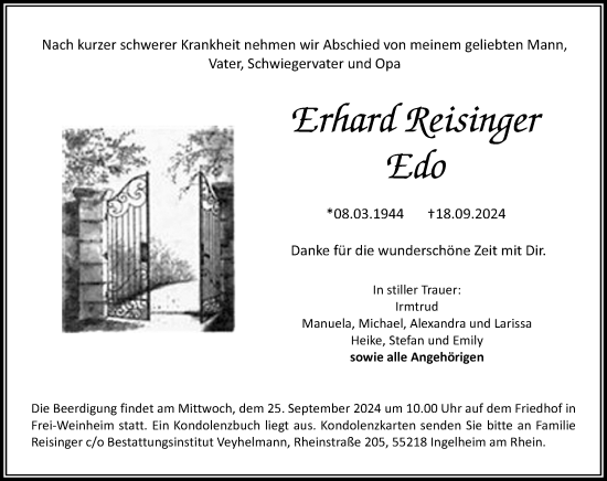 Traueranzeige von Erhard Reisinger von Allgemeine Zeitung Rheinhessen-Nahe