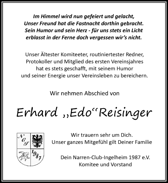 Traueranzeige von Erhard Reisinger von Allgemeine Zeitung Rheinhessen-Nahe
