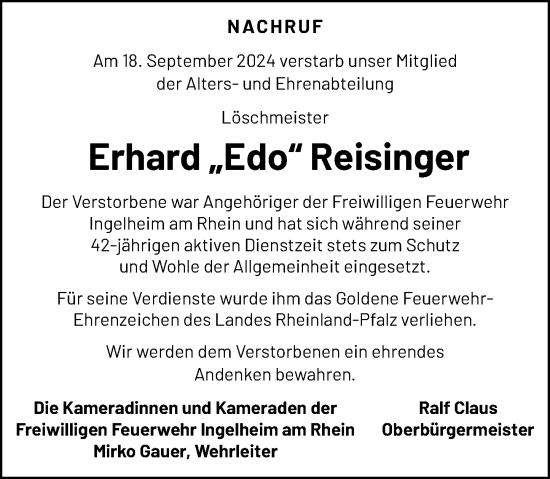 Traueranzeige von Erhard Reisinger von Allgemeine Zeitung Rheinhessen-Nahe