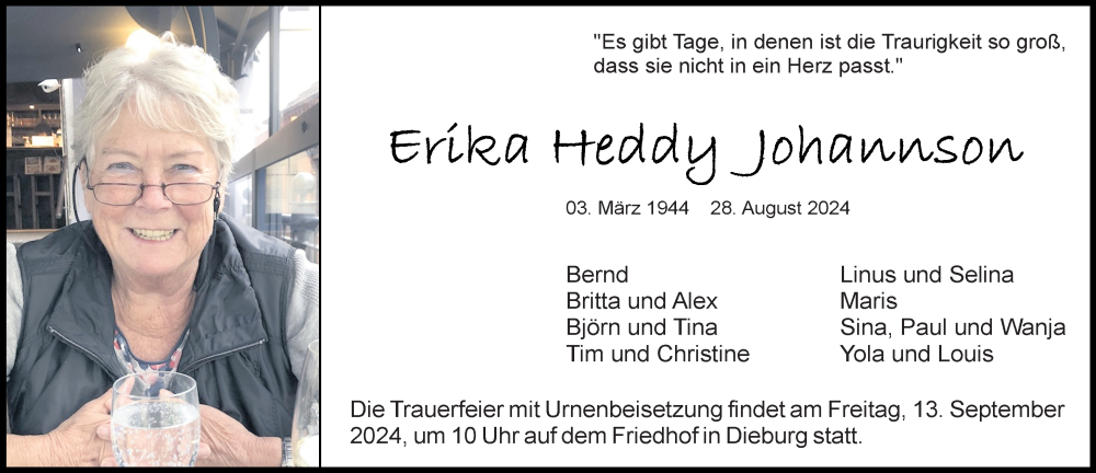  Traueranzeige für Erika Heddy Johannson vom 07.09.2024 aus Dieburger Anzeiger/Groß-Zimmerner Lokal-Anzeiger