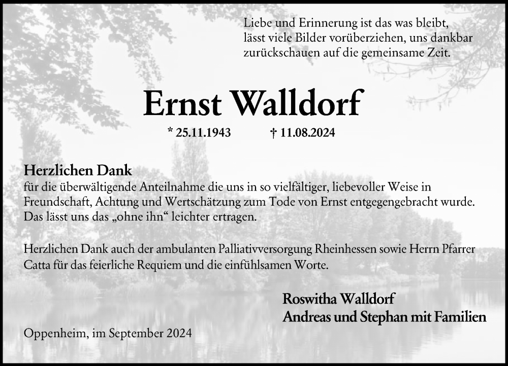  Traueranzeige für Ernst Walldorf vom 28.09.2024 aus Allgemeine Zeitung Mainz