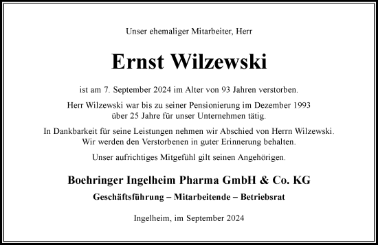 Traueranzeige von Ernst Wilzewski von Allgemeine Zeitung Rheinhessen-Nahe
