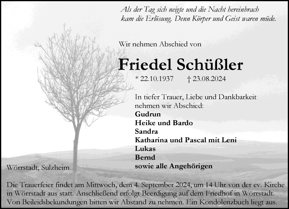  Traueranzeige für Friedel Schüßler vom 03.09.2024 aus Allgemeine Zeitung Alzey