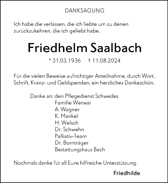 Traueranzeige von Friedhelm Saalbach von Dill Block