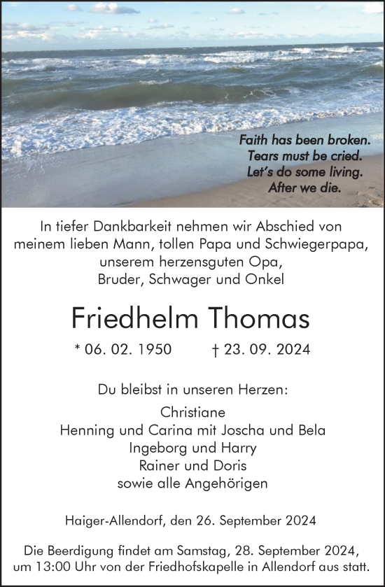 Traueranzeige von Friedhelm Thomas von Dill Block
