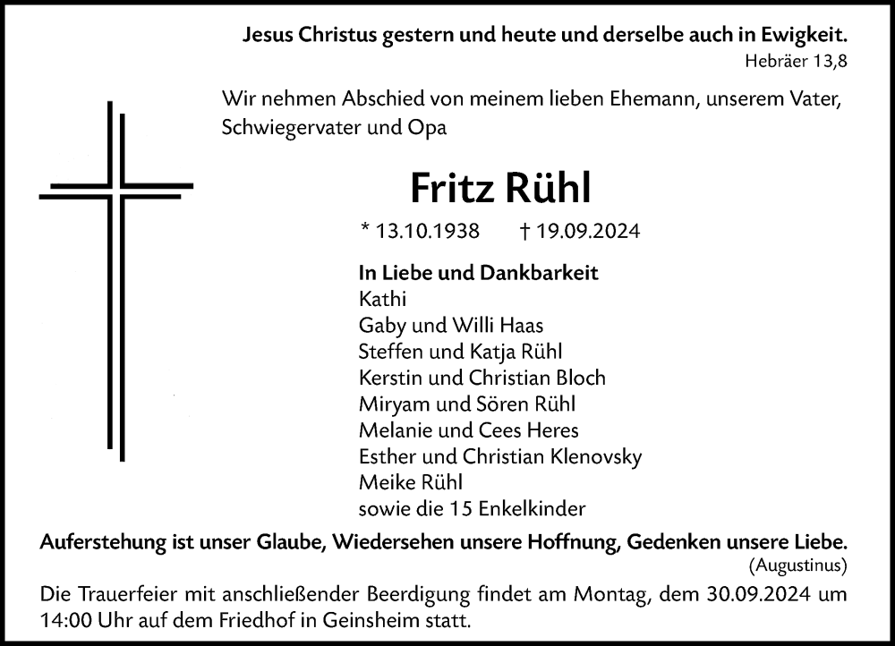  Traueranzeige für Fritz Rühl vom 25.09.2024 aus Groß-Gerauer Echo