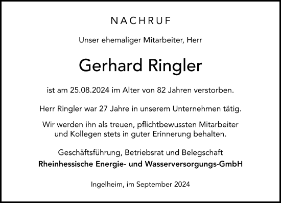 Traueranzeige von Gerhard Ringler von Allgemeine Zeitung Rheinhessen-Nahe