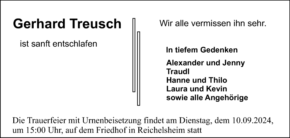  Traueranzeige für Gerhard Treusch vom 07.09.2024 aus Odenwälder Echo